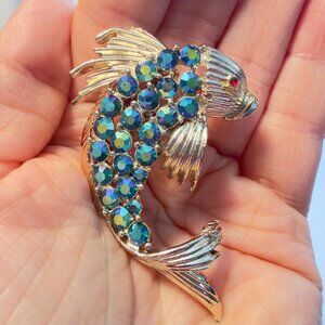 Fish Brooch Blue Rhinestone Koi Style Vintage Statement Pin 1.75"